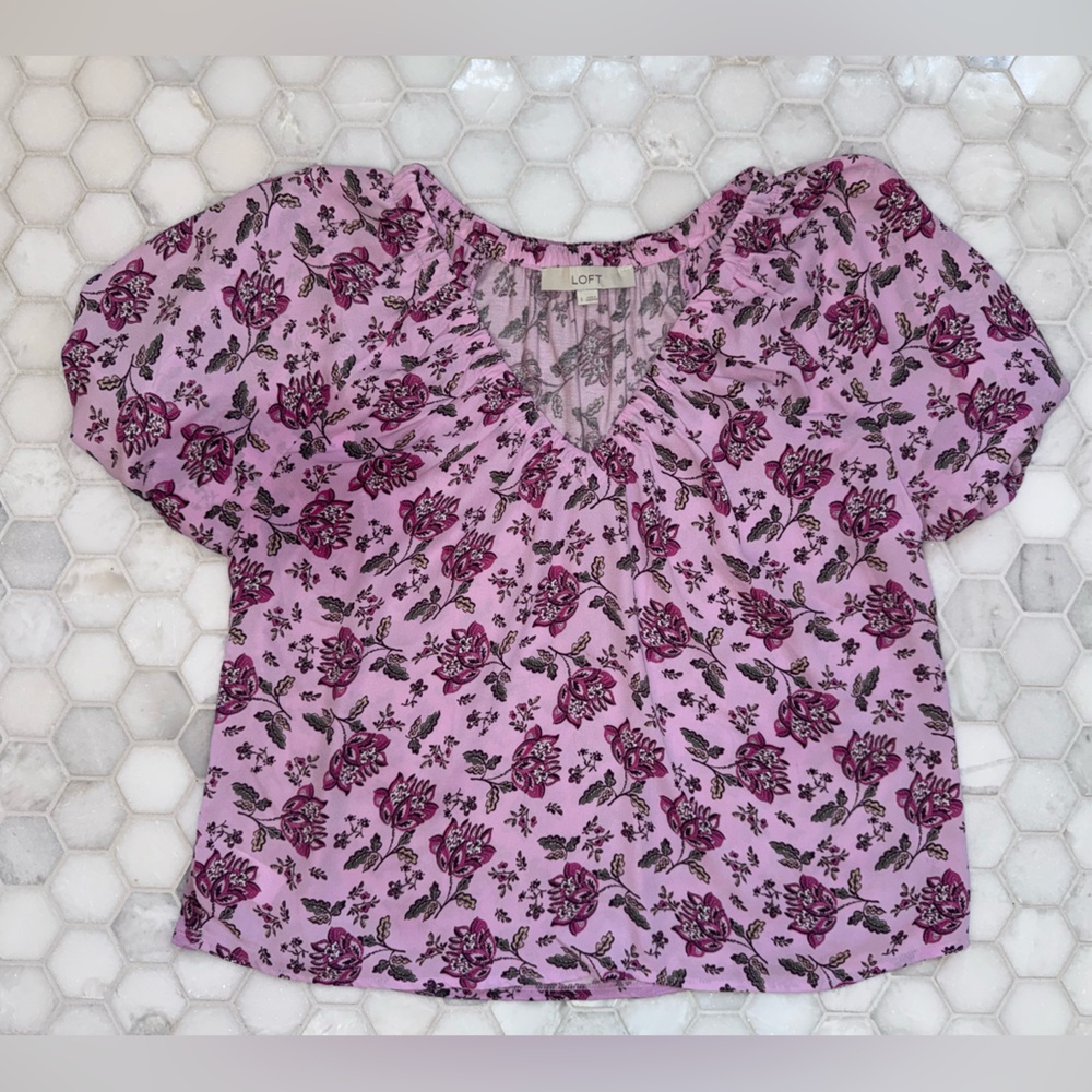 LOFT Pink Floral Peasant Blouse | Puff Sleeve V-Neck Boho Top Size S